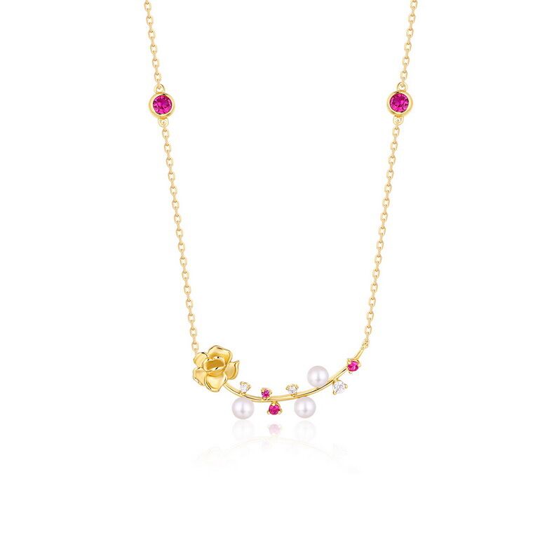 Flower and Pearl S925 Sterling Silver Necklace with 9k Yellow Gold Plating